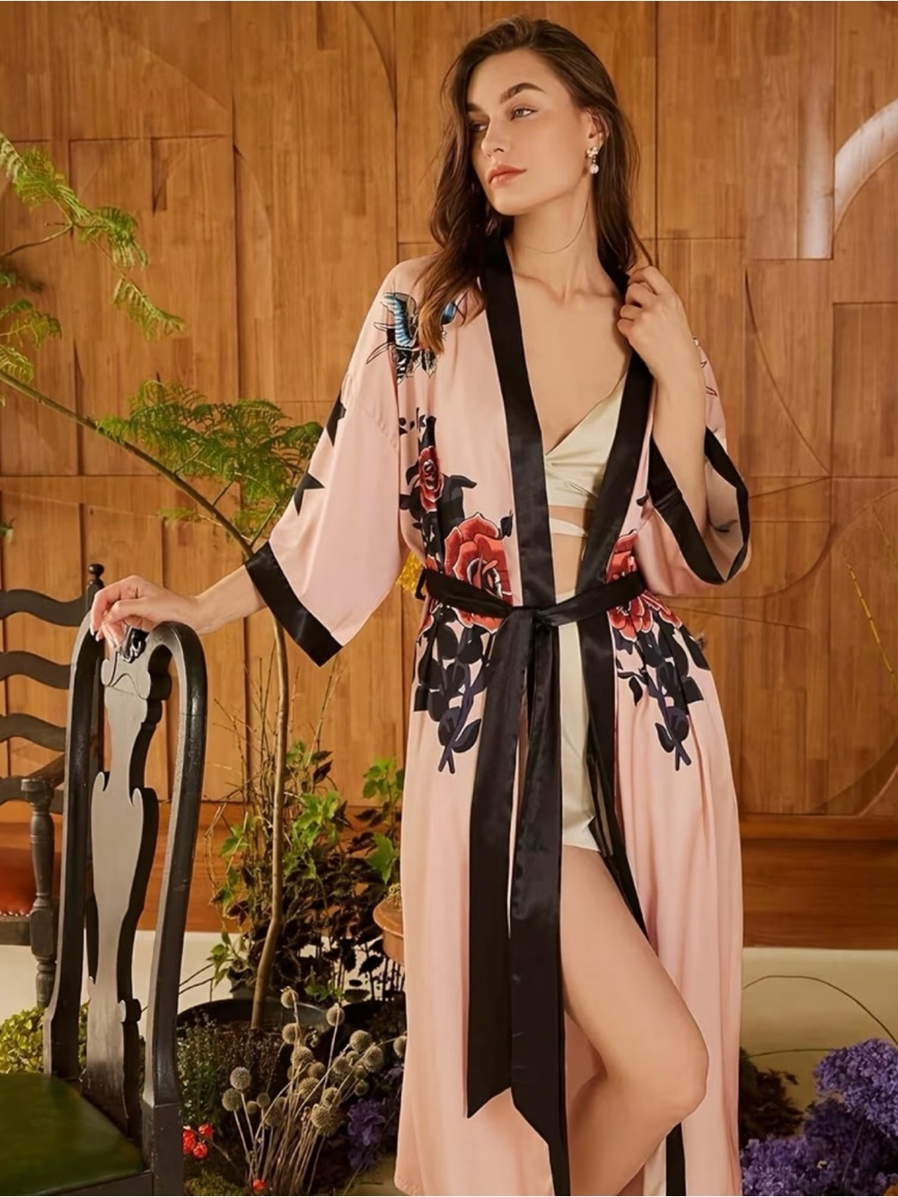 Pink Floral Embroidered  Kimono Robe